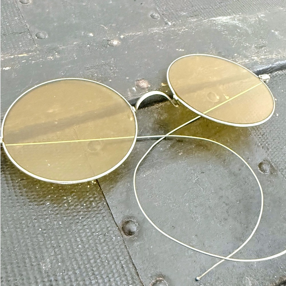 Vintage Round Wire Frame Sunglasses Amber Tint Cable Temple Steampunk